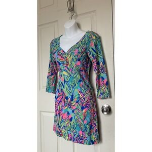 Lilly Pulitzer Palmetto V Neck Mini Dress Multi Hot Spot 3/4 Sleeve Small